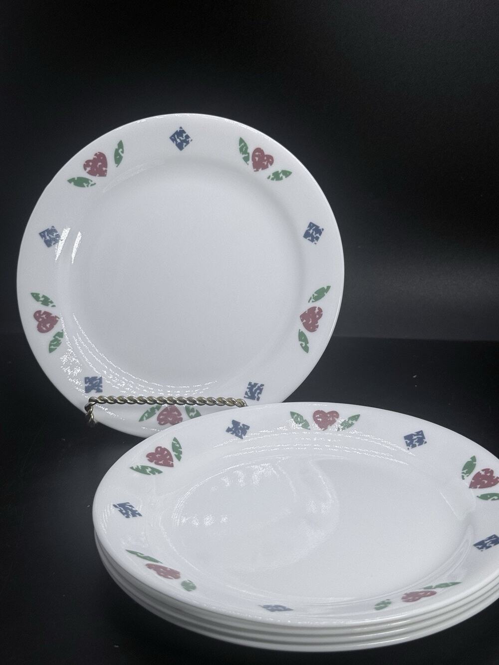 5 Corelle Quilt 7.25” Bread Plates Red Hearts Blue Diamonds Green Leaves